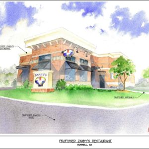 Architectural rendering of proposed Zaxby's in Roswell, GA.